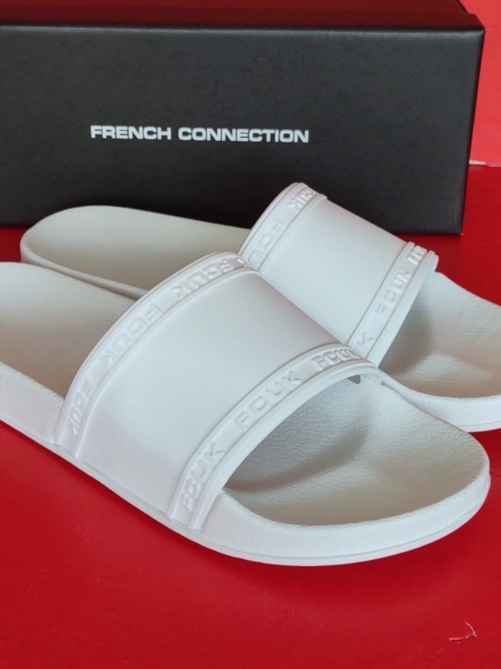 Vintage French Connection White Men's Slide Sandals with Embossed Strap